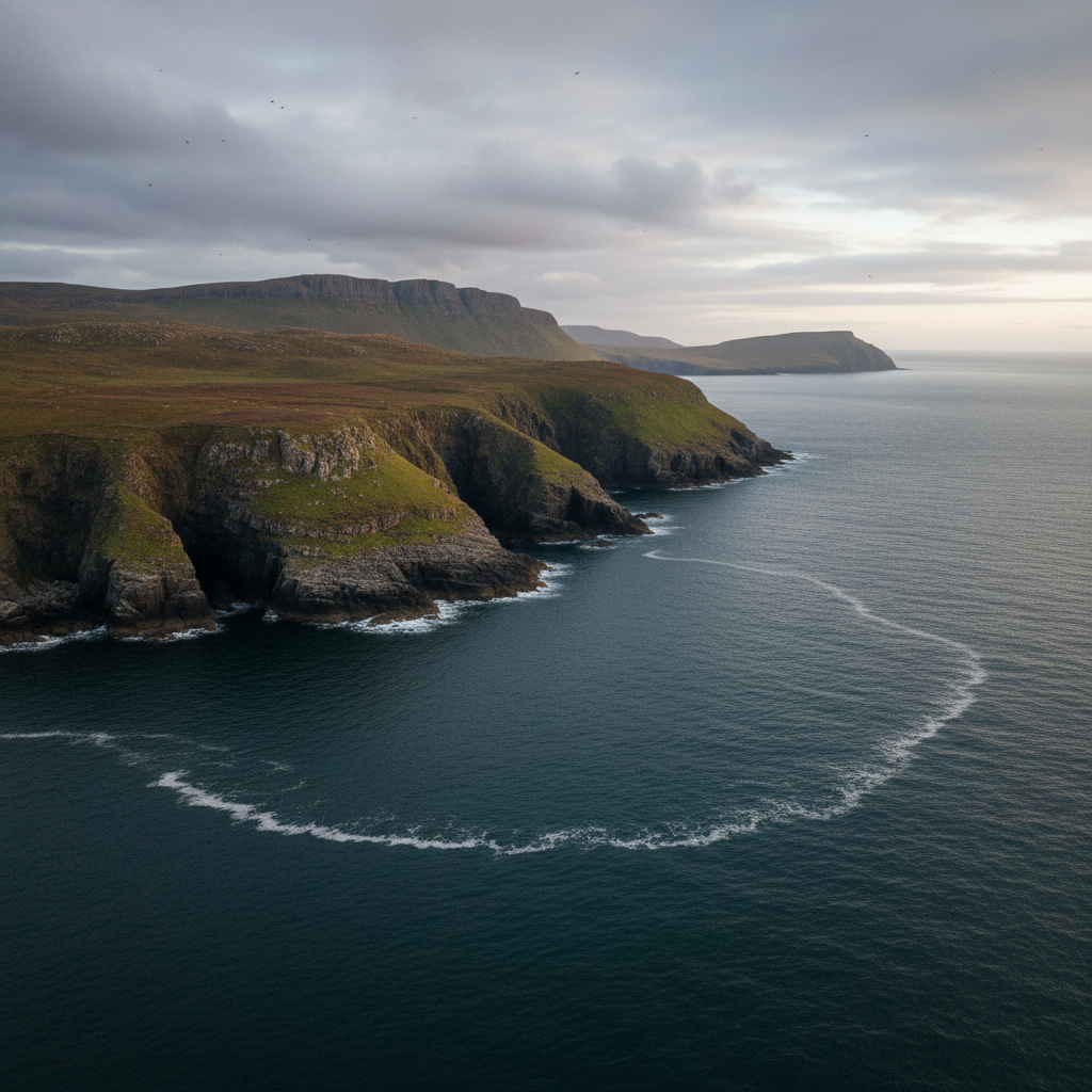 An elevated, wide-angle photographic scene of the Isle of Arran’s craggy coastline, viewed from just above the waterline, with a gentle arc of the day’s swim route subtly indicated by a faint, translucent trail of disturbed water. Dark blue-green sea stretches to the foreground, textured by small whitecaps, while layered cliffs rise in varied shades of slate, mossy green, and heather purple. Overhead, diffused evening light breaks through low clouds, catching the wings of distant seabirds. The composition follows the rule of thirds, drawing the eye along the coast from foreground to hazy headland, conveying both scale and solitude, with a sophisticated, documentary-style realism suited to a serious long-distance swim blog.