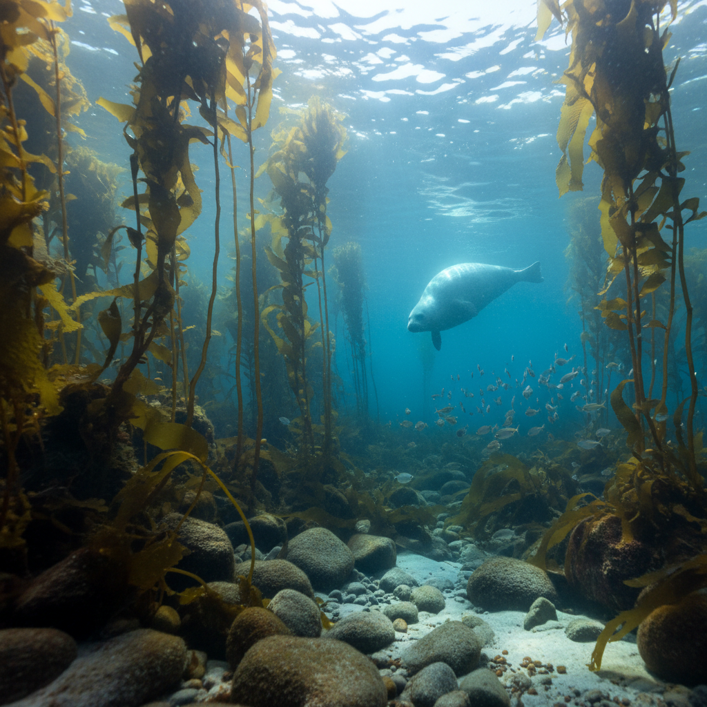 A richly detailed underwater photographic scene off the Isle of Arran, showing a bed of swaying kelp with slender, olive-brown fronds reaching toward the surface. Shafts of cool, dappled sunlight filter down through shifting waves above, creating a dancing pattern of light and shadow on rounded stones and patches of pale sand. Small silver fish glint in midwater while a curious grey seal hovers in the softly blurred background, its outline just visible. Shot from a slightly upward angle, the composition emphasizes depth and the vertical movement of the kelp forest. The mood is calm, immersive, and faintly mysterious, quietly hinting at the hidden world encountered on each stage of the swim and the importance of preserving this fragile marine habitat.