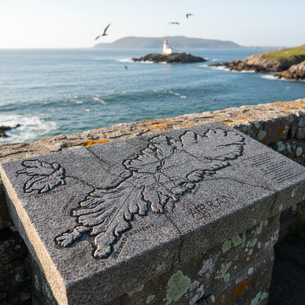 A weathered stone information board on the Isle of Arran, its engraved map of the island’s coastline intricately carved and darkened by age, set into a low, lichen-speckled wall overlooking the sea. Fine fissures in the stone catch subtle highlights as soft, late-morning daylight falls obliquely across the surface. Beyond the wall, the coastline swept by the ongoing swim stretches into the distance, with a white lighthouse perched on a rocky point and faint silhouettes of seabirds circling. Photographed at a shallow angle so the map fills the foreground in sharp focus while the real landscape behind gently blurs, the image juxtaposes island history with the modern swim, creating a quietly scholarly, sophisticated atmosphere.