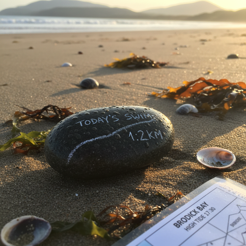 A close-up, photographic view of a smooth, wave-worn stone on a secluded beach on Arran, its dark, wet surface beaded with tiny droplets of seawater and a faint chalk line tracing today’s swim distance. Around it lie shells, torn fronds of seaweed, and a laminated tide map partially cropped at the edge of the frame. Late afternoon golden light slants in from the right, casting elongated shadows across the sand and giving the scene a warm yet restrained glow. Shot from a slightly elevated angle with shallow depth of field, the stone is in crisp focus while the shoreline curves softly out of focus behind, evoking thoughtful daily reflection and quiet documentation of the journey.