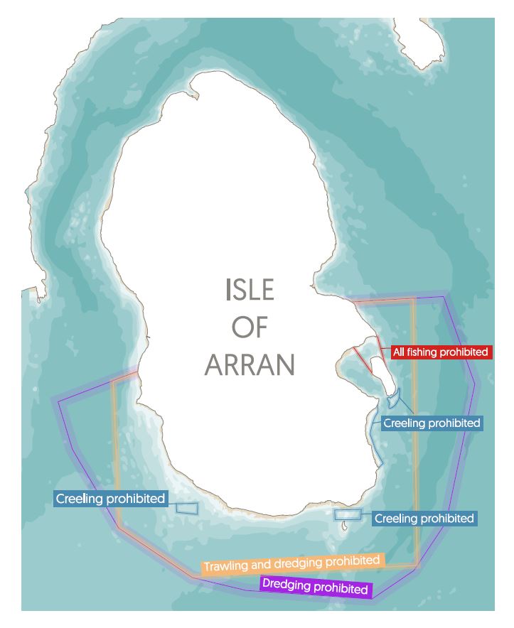 Map showing the Marine Protected Area (MPA) around the Isle of Arran as of 2020, highlighting the protected conservation zones